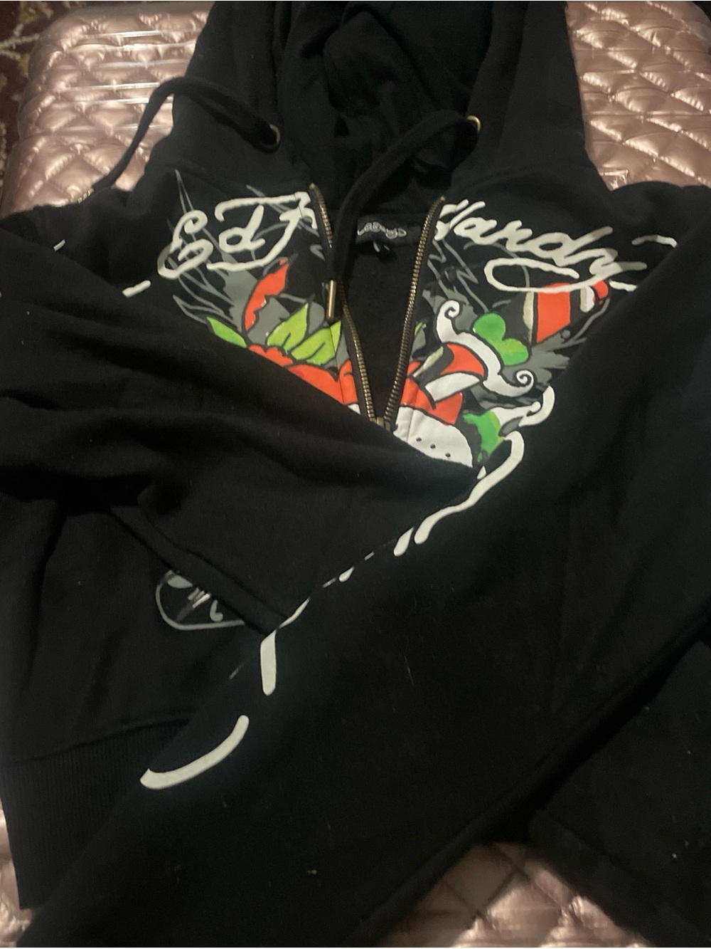 Ed Hardy Black Zip-Up Hoodie with Multicolor Tattoo Graphic
